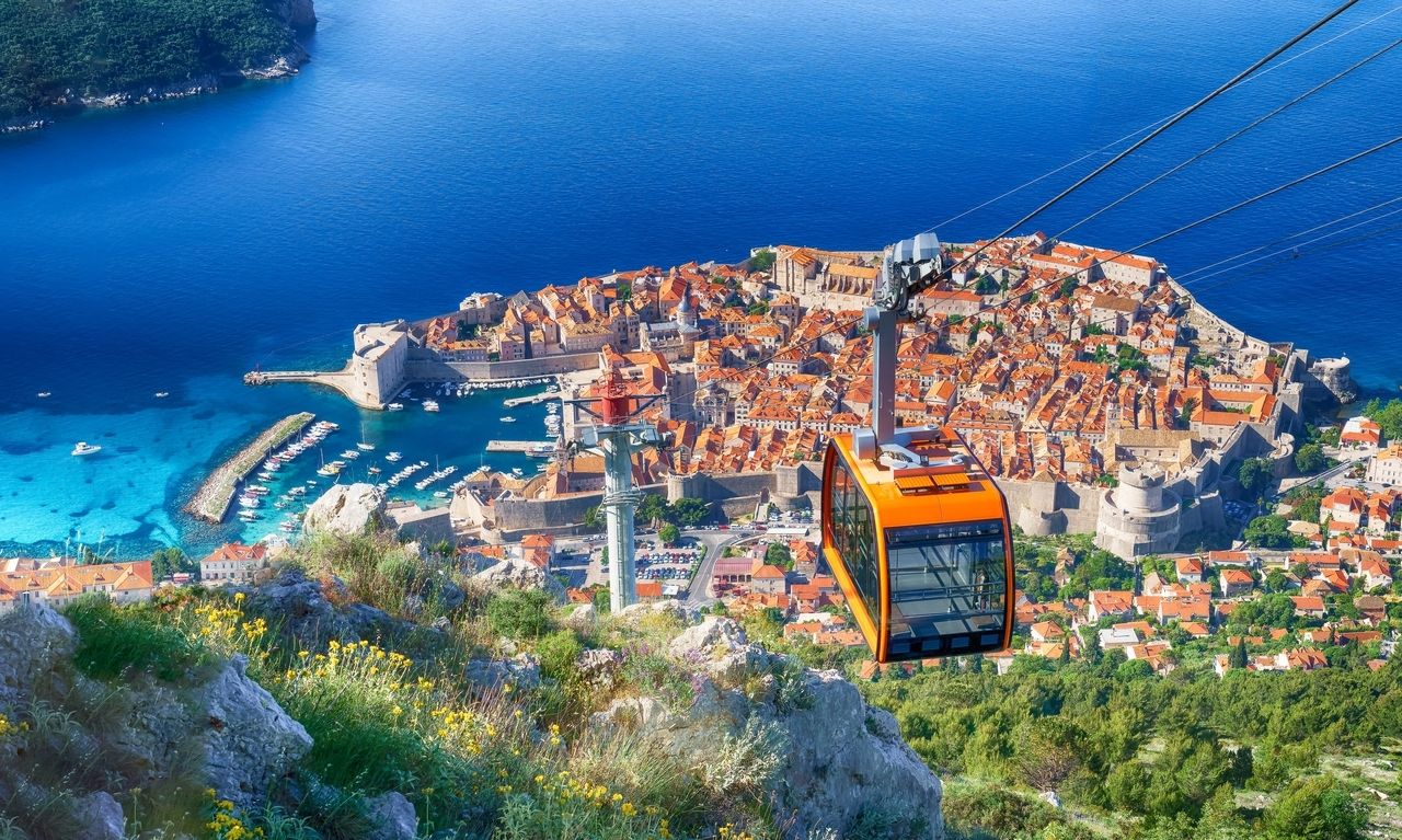 Panoramic view of Dubrovnik's Old Town, with a cable car in the foreground