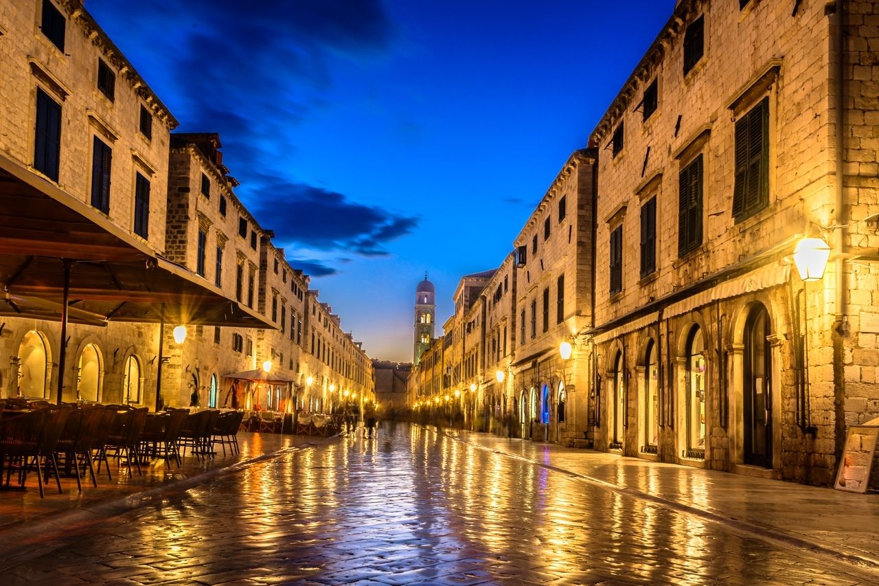 Stradun at night in Dubrovnik, Croatia, known as the setting for Canto Bight in Star Wars: The Last Jedi